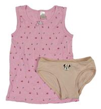 2set - Růžová květovaná košilka s motýly + pudrové kalhotky s Minnie