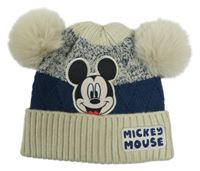Béžovo-tmavomodrá pletená čepice s Mickeym a bambulemi Primark