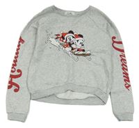 Šedá melírovaná crop mikina s Minnie a Mickeym a nápisem H&M