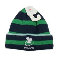 Nové - tmavomodro-zelená pruhovaná pletená čepice s nápisem Dunnes 