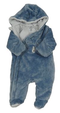 Modrá plyšová zateplená kombinéza s medvědem a kapucí Mothercare