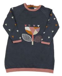 Tmavošedé pletené šaty s růžovým lemem a květinou M&S