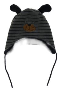 Tmavošedo-modrá pruhovaná fleecová zateplená čepice s čumákem Topomini