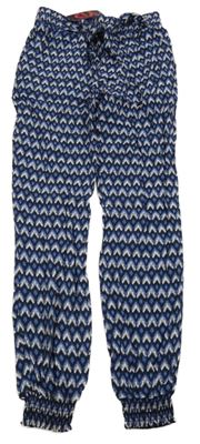 Nové - Tmavomodro-modré vzorované lehké kalhoty s páskem Yd.