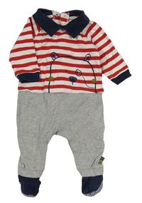 Červeno-bílo-šedý overal s pruhy a medvídkem Mamas&Papas