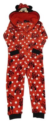 Červeno-černo-bílá plyšová puntíkatá kombinéza s Minnie a kapucí Disney