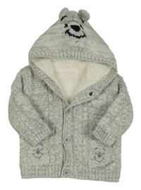 Světlešedý melírovaný propínací zateplený svetr s kapucí - Medvídek Pú George
