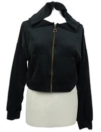 Dámská černá sametová crop mikina s nápisem a kapucí 