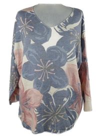 Dámský modro-růžovo-bílý květovaný lehký svetr 