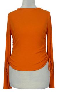 Dámské oranžové žebrované triko se stahováním na bocích Primark 
