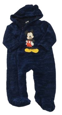 Tmavomodrá chlupatá podšitá kombinéza s Mickey mousem a kapucí Disney