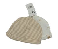 Nové - 2 x čepice - hnědo-bílá pruhovaná čepice + bílá s obrázky Mothercare