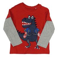 Červené triko s dinosaurem a šedými rukávy zn. C&A