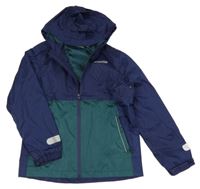 Tmavomodro-zelená šusťáková funkční jarní bunda nápisem a kapucí Crane