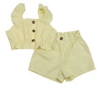 2set - Žluto-bílý pruhovaný crop top s knoflíky a volánky + kraťasy