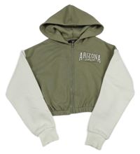 Khaki-bílá propínací crop mikina s nápisem a kapucí New Look