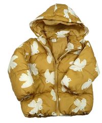 Okrová šusťáková zimní bunda s ptáčky a kapucí H&M