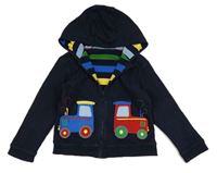 Tmavomodrá propínací oboustranná mikina s traktory a kapucí Jojo Maman Bébé