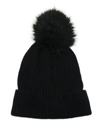 Černá žebrovaná pletená podšitá čepice s bambulí Gina