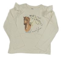 Smetanové triko s koníky a volánky Sinsay