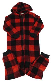 Červeno-černá kostkovaná chlupatá kombinéza s kapucí Hema