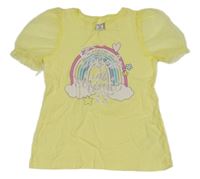Žluté tričko s duhou a tylovými rukávy DopoDopo 