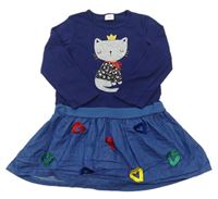 Tmavomodro-modré bavlněno/riflové šaty s kočičkou a barevnými srdíčky s třásněmi