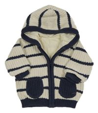 Smetanovo-tmavomodrý pruhovaný žebrovaný propínací podšitý svetr s kapucí George