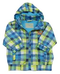 Modro-bílo-limetkovo-tmavomodrý kostkovaný jarní bomber s číslem a ukrývací kapucí Topolino