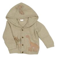 Světlebéžový melírovaný propínací svetr s dinosaury a kapucí Next