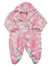 Růžová plyšová kombinéza se zajíčky a kapucí 