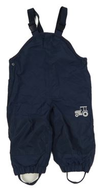 Tmavomodré šusťákové laclové podšité kalhoty s traktorem Topomini