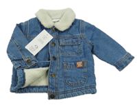 Nové - modrá riflová zateplená bunda s nášivkou a huňatým límečkem F&F