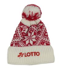 Bílo-červená vzorovaná vlněná čepice s logem a vločkami a bambulí LOTTO