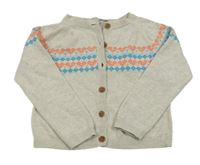 Světlebéžovošedý melírovaný propínací svetr se vzorem a srdíčky John Lewis