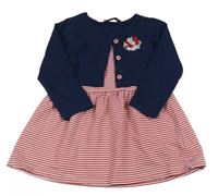 Červeno-bílé pruhované šaty s tmavomodrým bolérkem s 3D květem WANEX