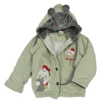 Světleolivový vzorovaný sametový zateplený kabátek s kuřátkem a kapucí