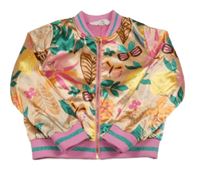 Meruňkovo-růžový saténový jarní bomber s motýlky a lístečky H&M