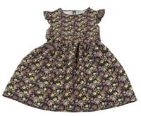 Černé šaty s pampeliškami a motýlky a lístečky a volánky