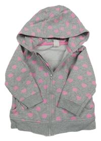 Šedá melírovaná propínací mikina s růžovými srdíčky a kapucí H&M
