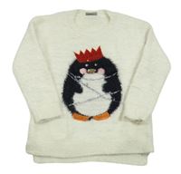 Smetanový chlupatý svetr s tučňákem s kamínky Matalan