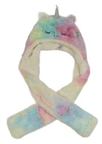 Duhová chlupatá čepice se šálou - jednorožec F&F