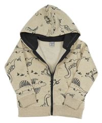 Béžová melírovaná propínací mikina s dinosaury a kapucí Dopodopo
