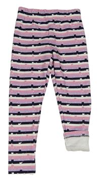 Růžovo-lila-černé pruhované zateplené legíny s kočkami Primark
