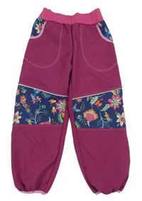 Vínovo-tmavomodré softshellové kalhoty s květinami 