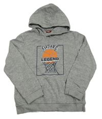 Šedá melírovaná mikina s potiskem a kapucí 