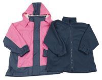 2 set - růžovo-tmavomodrá nepromokavá bunda s kapucí + tmavomodrá propínací fleecová mikina 