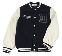 Tmavomodrá vlněná bomber bunda s bílými koženkovými rukávy H&M