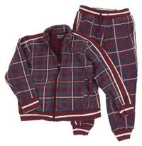 2 set - vínovo-tmavomodrá kostkovaná propínací mikina + tepláky Next