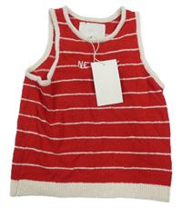 Nové - Červeno-smetanová pruhovaná pletená vesta s nápisem 